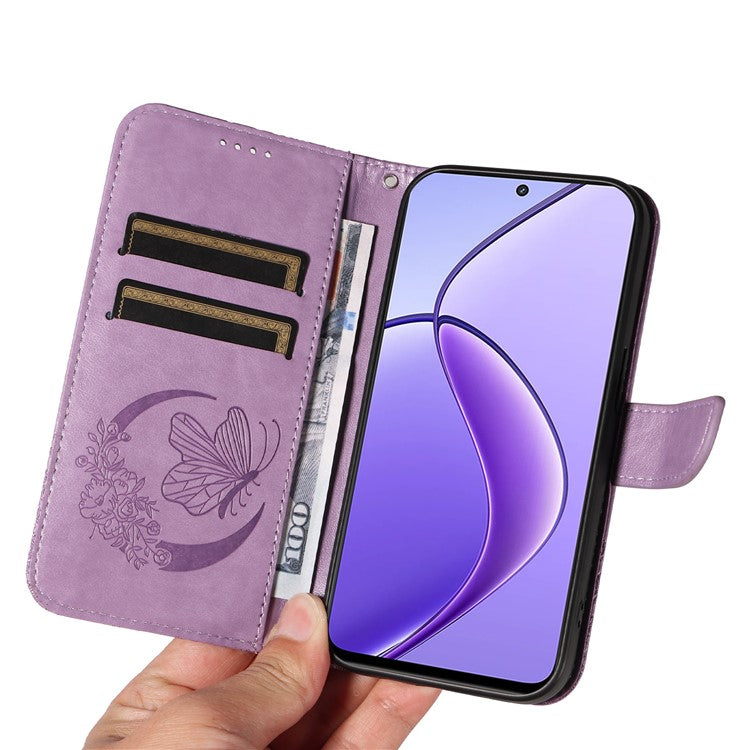 For Realme 12 5G Phone Stand Case Butterfly Imprint Leather Wallet Phone Cover with Strap - Light Purple