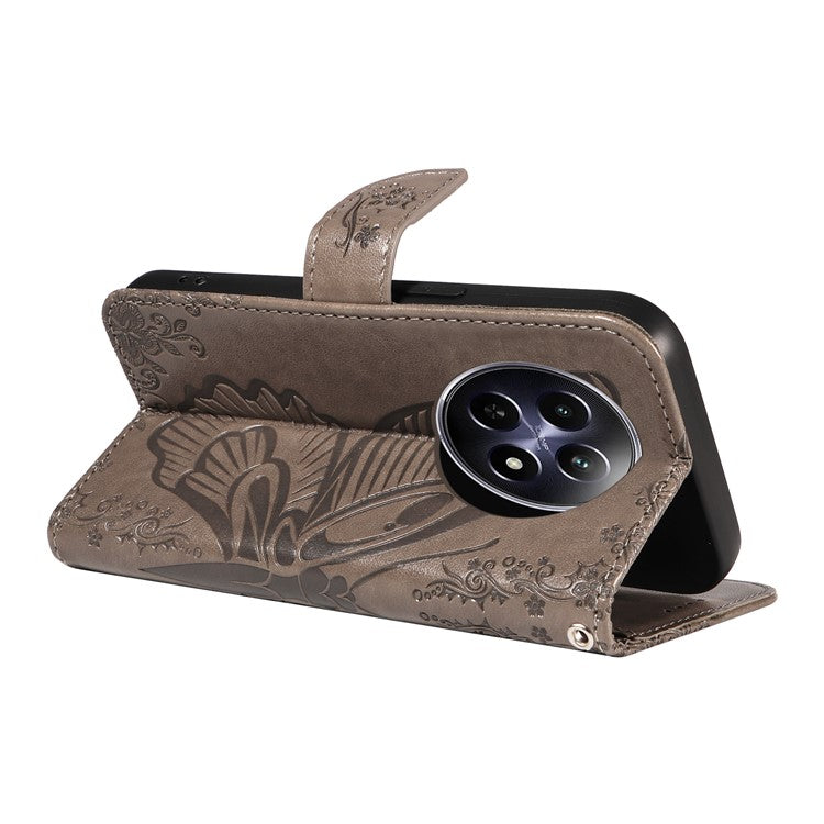For Realme 12 5G Phone Stand Case Butterfly Imprint Leather Wallet Phone Cover with Strap - Grey