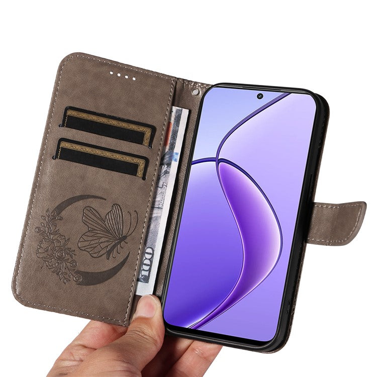 For Realme 12 5G Phone Stand Case Butterfly Imprint Leather Wallet Phone Cover with Strap - Grey