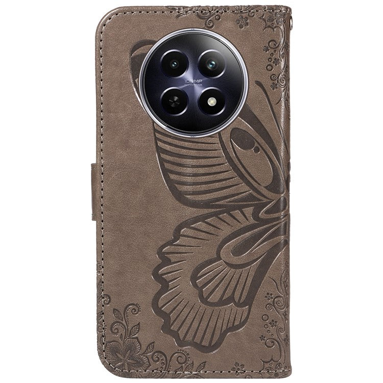 For Realme 12 5G Phone Stand Case Butterfly Imprint Leather Wallet Phone Cover with Strap - Grey