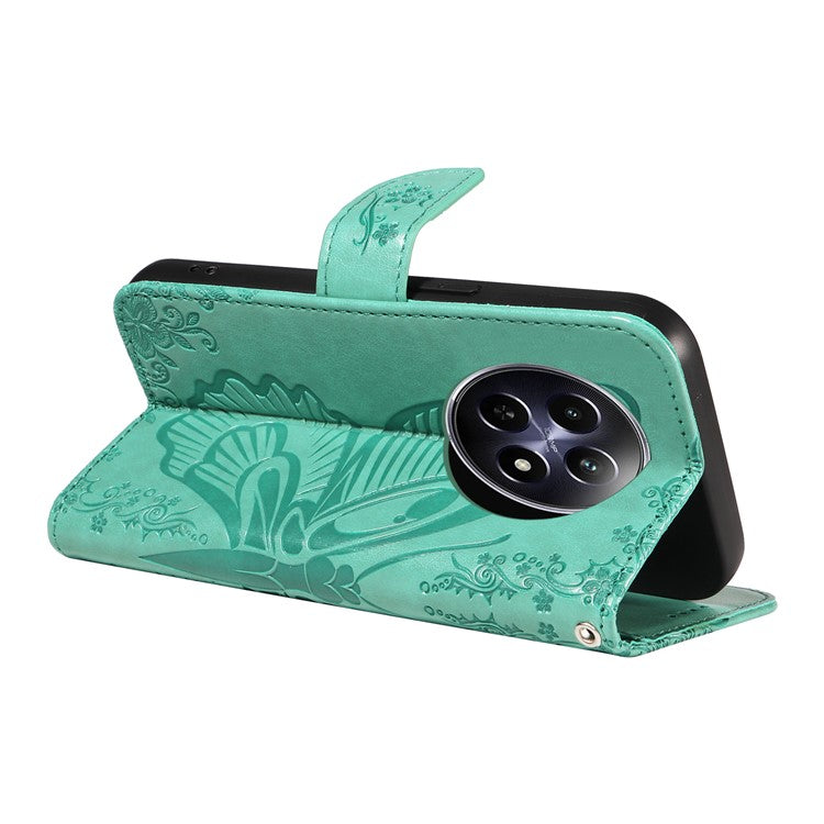 For Realme 12 5G Phone Stand Case Butterfly Imprint Leather Wallet Phone Cover with Strap - Green