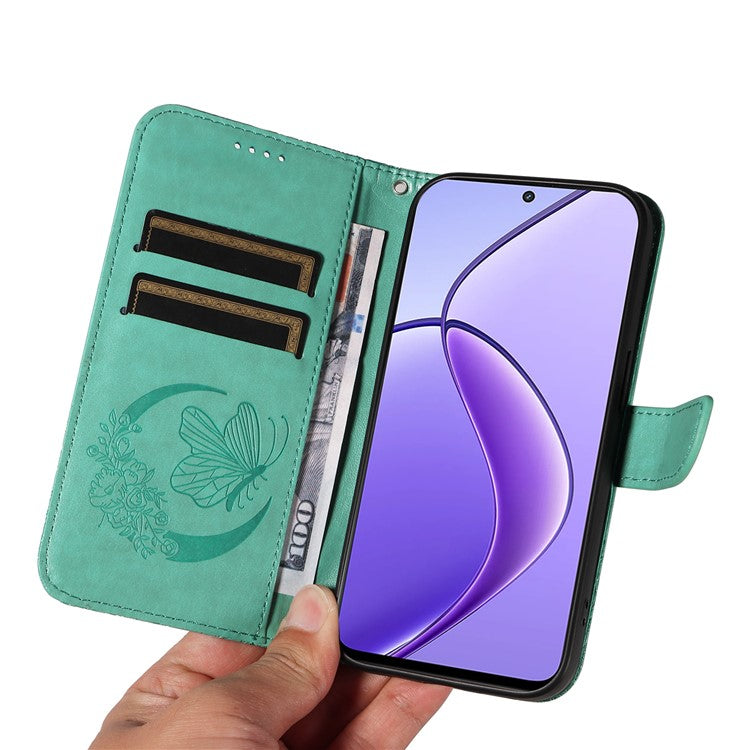 For Realme 12 5G Phone Stand Case Butterfly Imprint Leather Wallet Phone Cover with Strap - Green