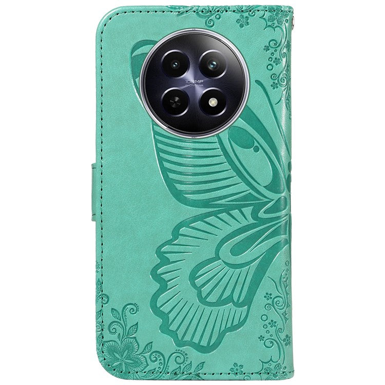 For Realme 12 5G Phone Stand Case Butterfly Imprint Leather Wallet Phone Cover with Strap - Green