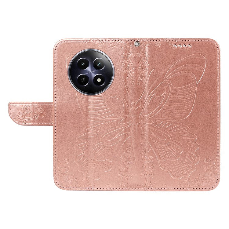 For Realme 12 5G Phone Stand Case Butterfly Imprint Leather Wallet Phone Cover with Strap - Rose Gold
