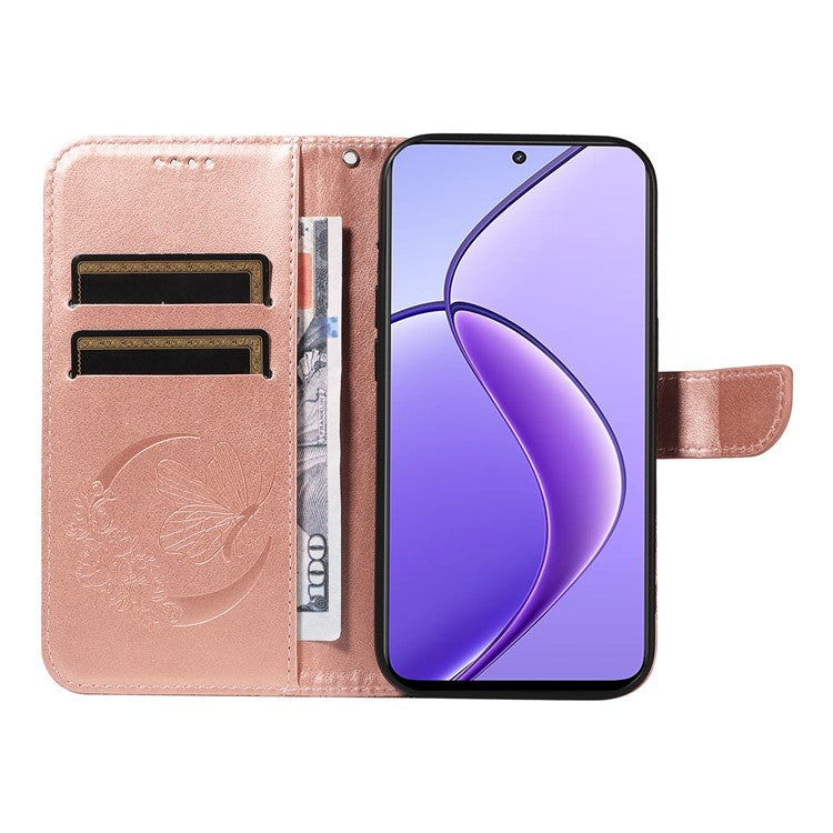 For Realme 12 5G Phone Stand Case Butterfly Imprint Leather Wallet Phone Cover with Strap - Rose Gold