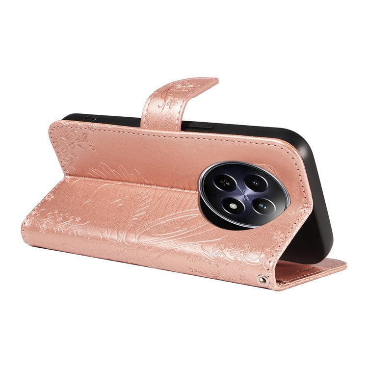 For Realme 12 5G Phone Stand Case Butterfly Imprint Leather Wallet Phone Cover with Strap - Rose Gold