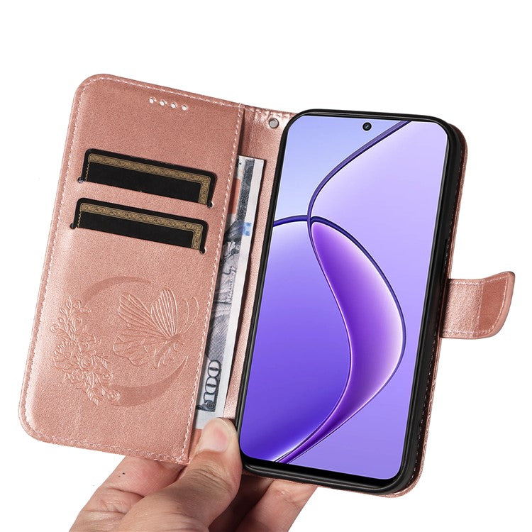 For Realme 12 5G Phone Stand Case Butterfly Imprint Leather Wallet Phone Cover with Strap - Rose Gold