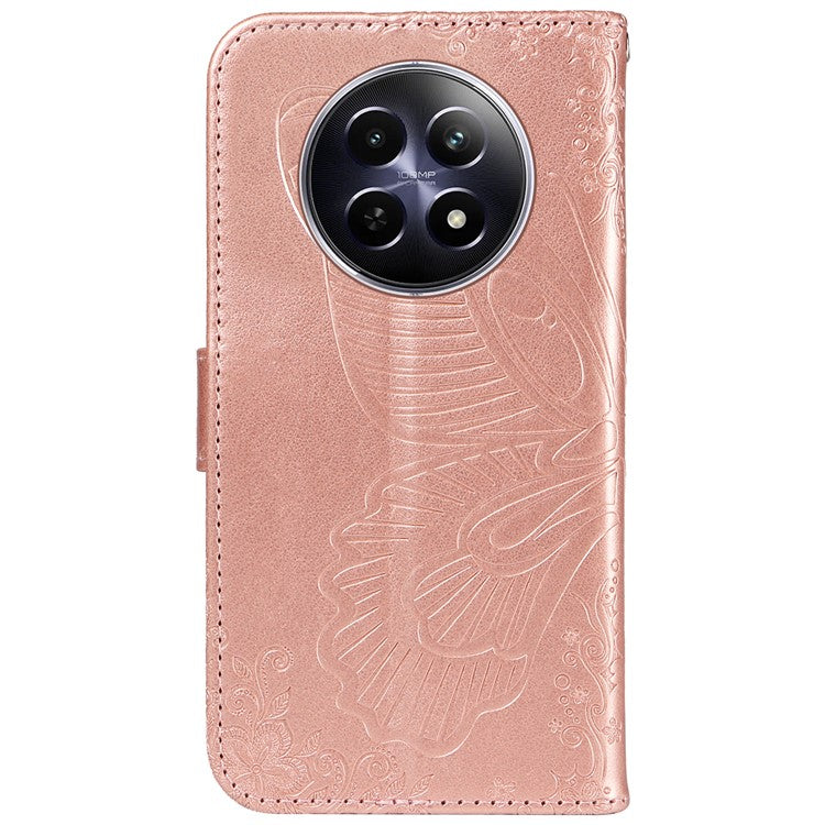 For Realme 12 5G Phone Stand Case Butterfly Imprint Leather Wallet Phone Cover with Strap - Rose Gold