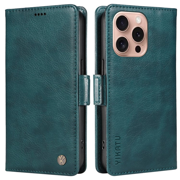 YIKATU YK-007 For iPhone 16 Pro Case Litchi Texture Leather Wallet Phone Cover Side Magnetic Clasp - Blue