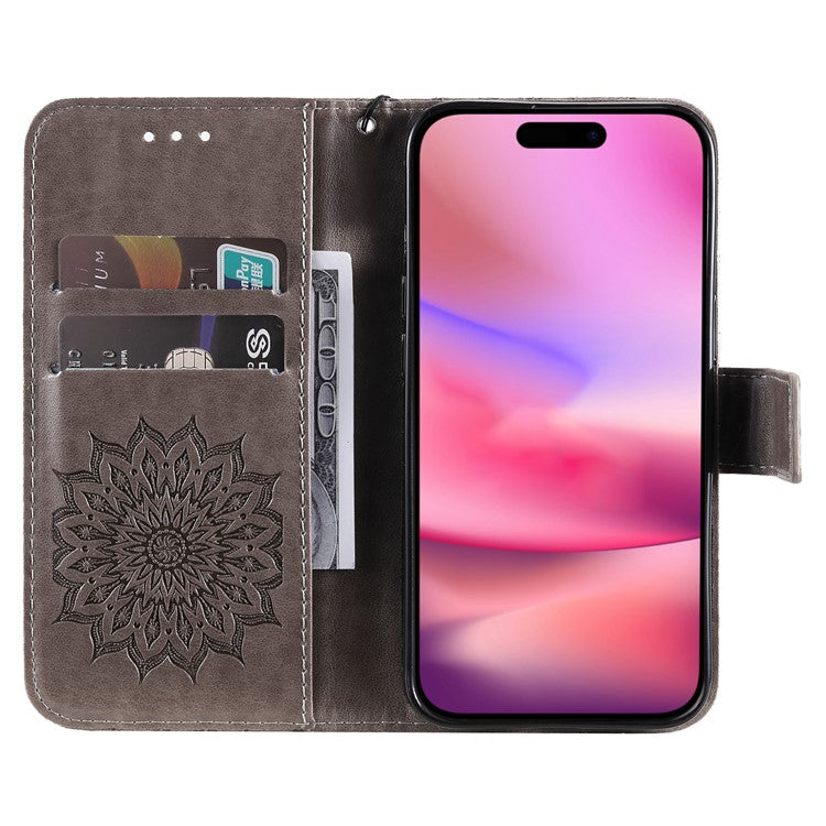 KT Imprinting Flower Series-1 For iPhone 16 Wallet Case Imprint PU Leather Card Slots Cover - Grey