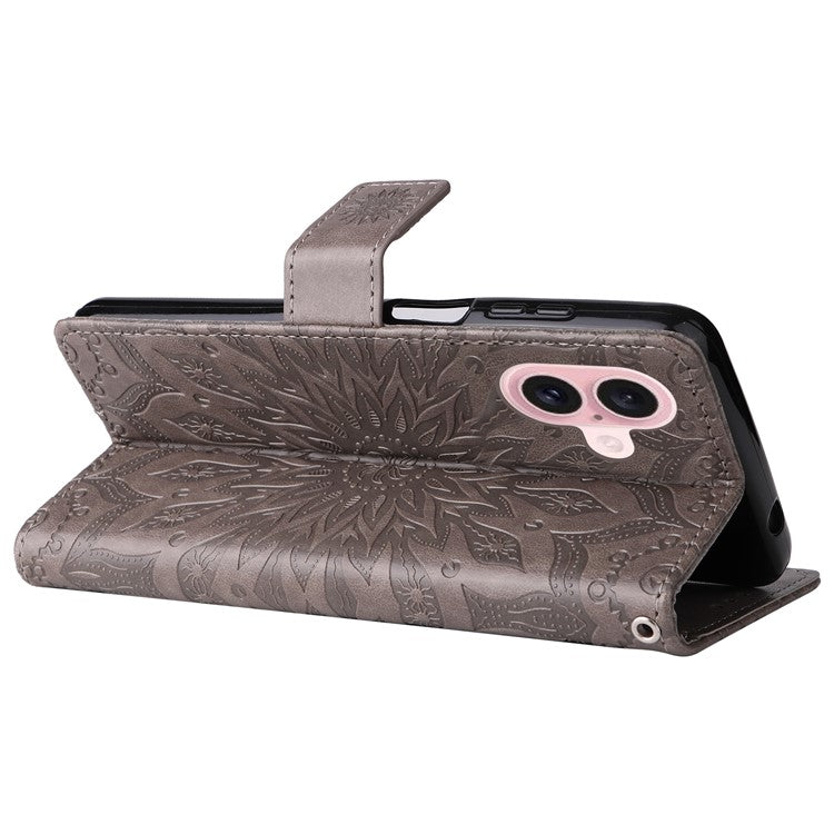 KT Imprinting Flower Series-1 For iPhone 16 Wallet Case Imprint PU Leather Card Slots Cover - Grey