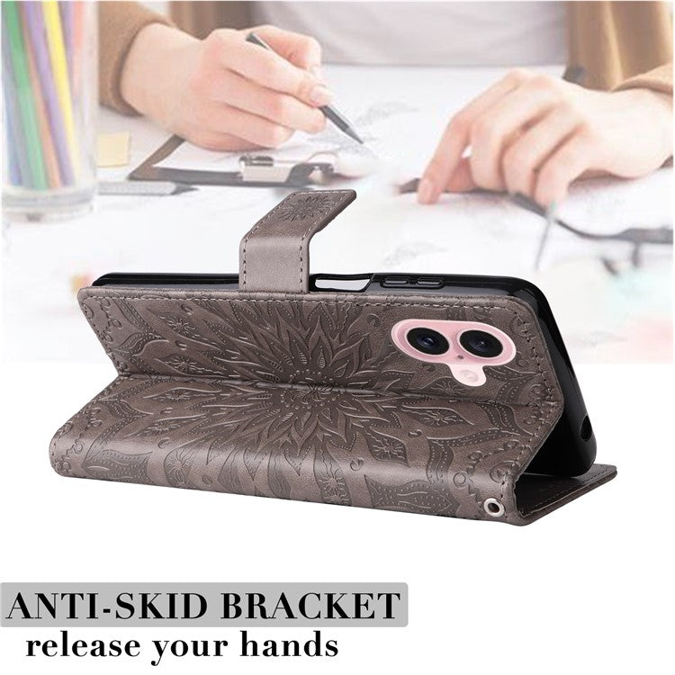 KT Imprinting Flower Series-1 For iPhone 16 Wallet Case Imprint PU Leather Card Slots Cover - Grey