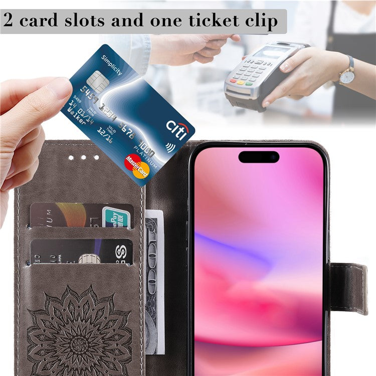 KT Imprinting Flower Series-1 For iPhone 16 Wallet Case Imprint PU Leather Card Slots Cover - Grey