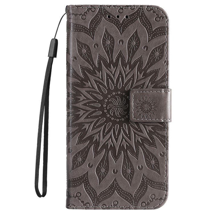 KT Imprinting Flower Series-1 For iPhone 16 Wallet Case Imprint PU Leather Card Slots Cover - Grey