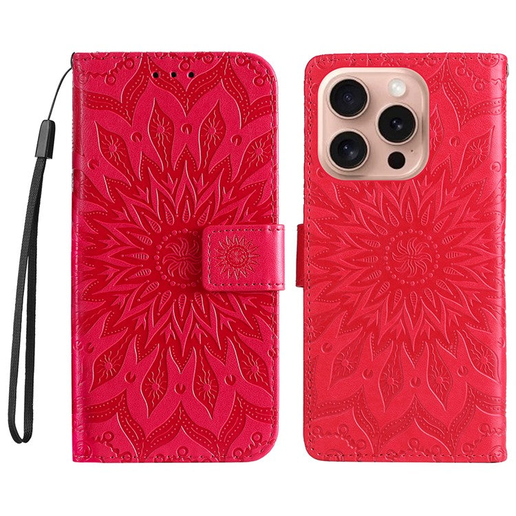 KT Imprinting Flower Series-1 For iPhone 16 Pro Case PU Leather Flip Wallet Stand Cover - Red