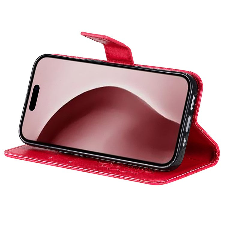 KT Imprinting Flower Series-1 For iPhone 16 Pro Case PU Leather Flip Wallet Stand Cover - Red