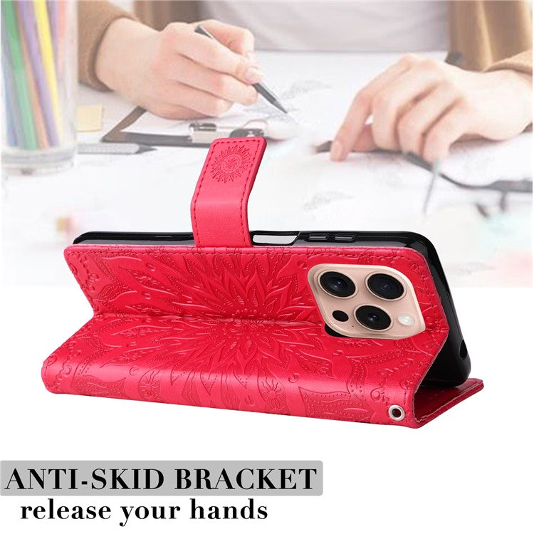 KT Imprinting Flower Series-1 For iPhone 16 Pro Case PU Leather Flip Wallet Stand Cover - Red