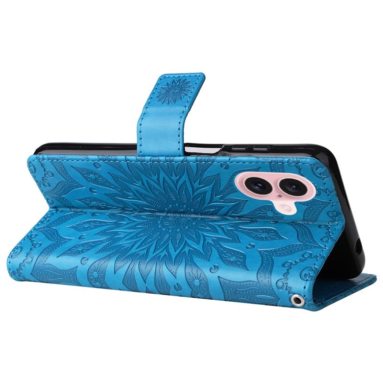 KT Imprinting Flower Series-1 For iPhone 16 Plus Case PU Leather Wallet Card Slots Cover - Blue
