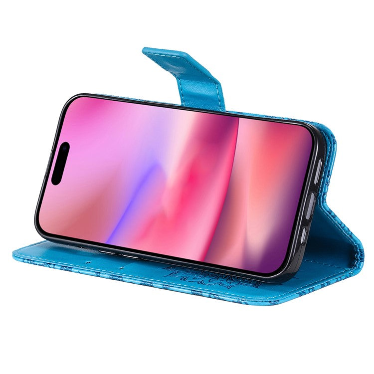 KT Imprinting Flower Series-1 For iPhone 16 Plus Case PU Leather Wallet Card Slots Cover - Blue