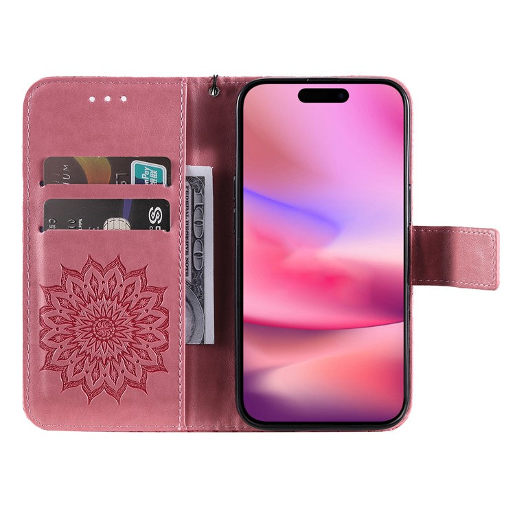 KT Imprinting Flower Series-1 For iPhone 16 Plus Case PU Leather Wallet Card Slots Cover - Pink