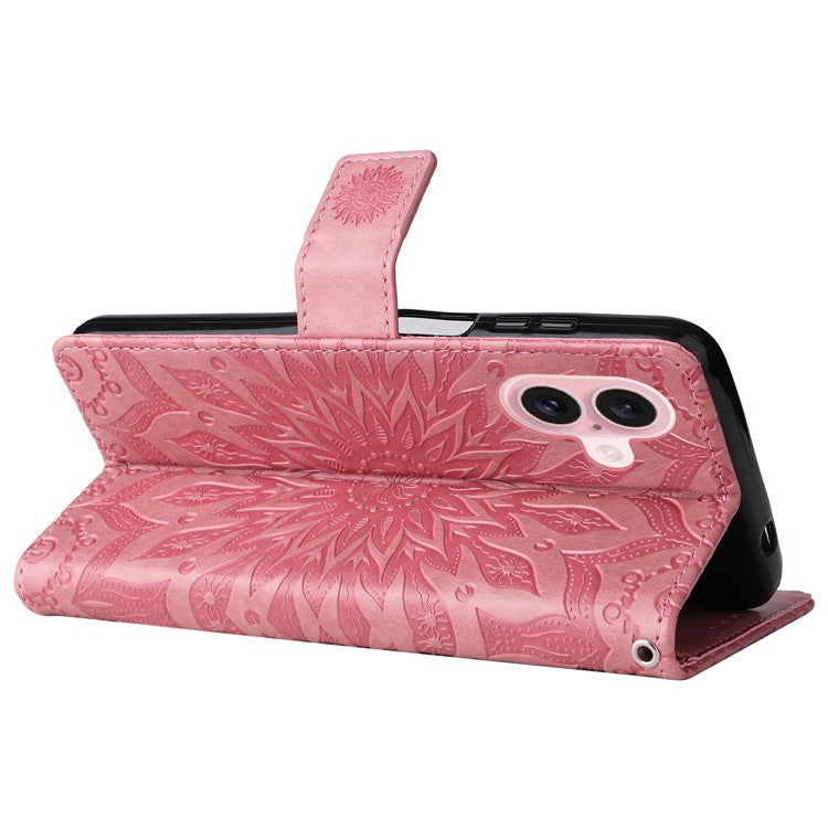 KT Imprinting Flower Series-1 For iPhone 16 Plus Case PU Leather Wallet Card Slots Cover - Pink