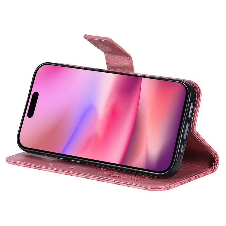 KT Imprinting Flower Series-1 For iPhone 16 Plus Case PU Leather Wallet Card Slots Cover - Pink