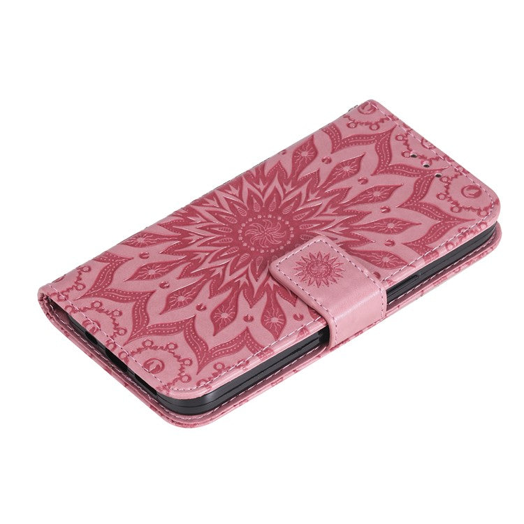 KT Imprinting Flower Series-1 For iPhone 16 Plus Case PU Leather Wallet Card Slots Cover - Pink