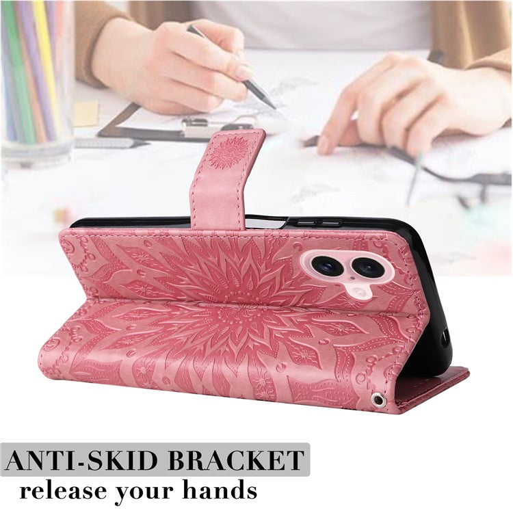 KT Imprinting Flower Series-1 For iPhone 16 Plus Case PU Leather Wallet Card Slots Cover - Pink