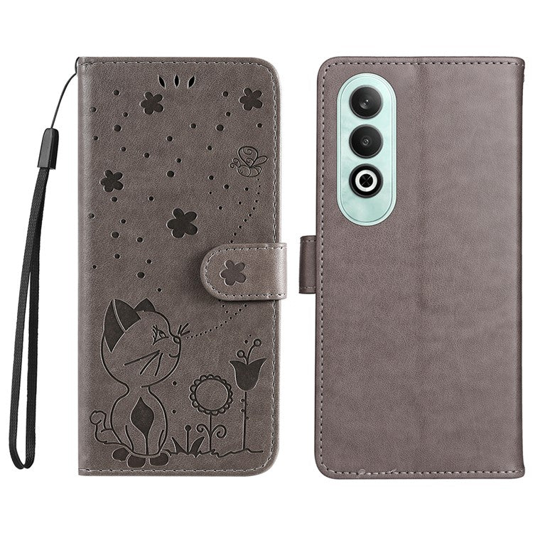 KT Imprinting Flower Series-4 For OnePlus Nord CE4 5Gt Case Leather Wallet Cover Cat Bee Pattern - Grey