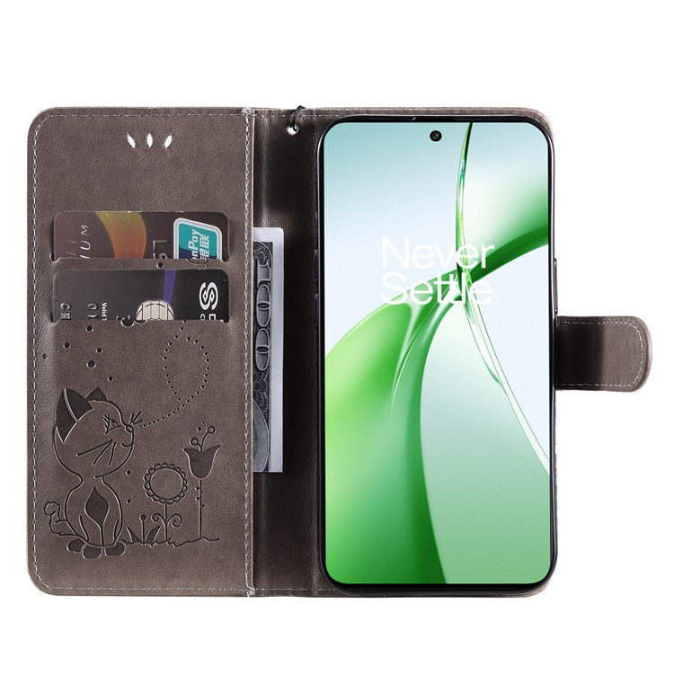 KT Imprinting Flower Series-4 For OnePlus Nord CE4 5Gt Case Leather Wallet Cover Cat Bee Pattern - Grey