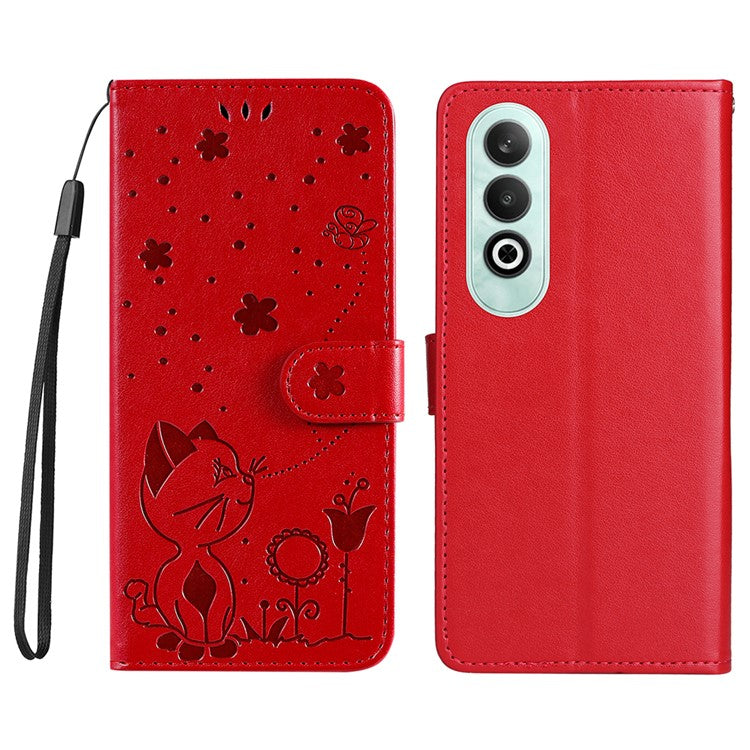 KT Imprinting Flower Series-4 For OnePlus Nord CE4 5Gt Case Leather Wallet Cover Cat Bee Pattern - Red