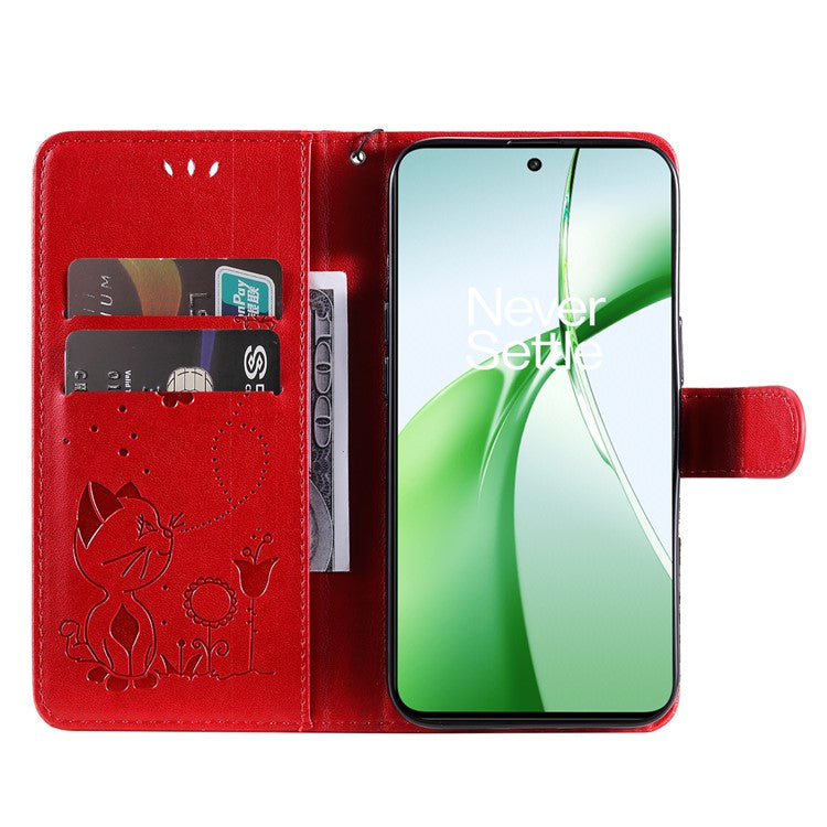 KT Imprinting Flower Series-4 For OnePlus Nord CE4 5Gt Case Leather Wallet Cover Cat Bee Pattern - Red