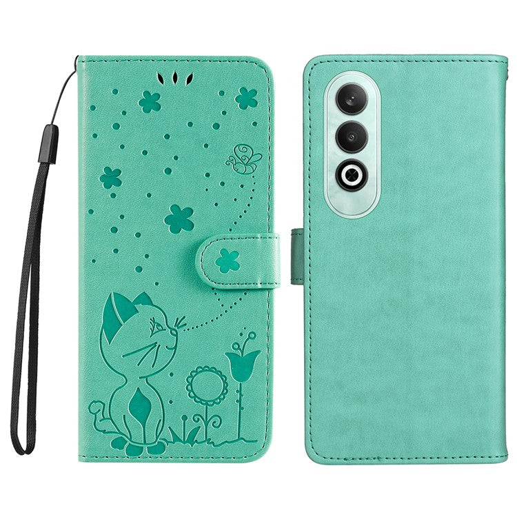 KT Imprinting Flower Series-4 For OnePlus Nord CE4 5Gt Case Leather Wallet Cover Cat Bee Pattern - Green
