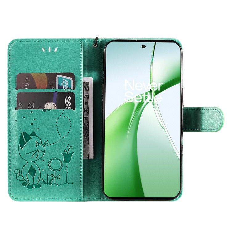KT Imprinting Flower Series-4 For OnePlus Nord CE4 5Gt Case Leather Wallet Cover Cat Bee Pattern - Green