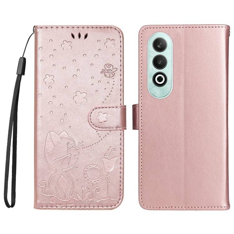 KT Imprinting Flower Series-4 For OnePlus Nord CE4 5Gt Case Leather Wallet Cover Cat Bee Pattern - Rose Gold