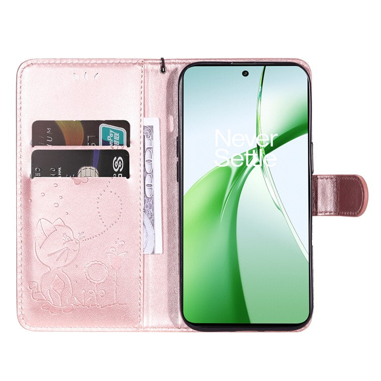 KT Imprinting Flower Series-4 For OnePlus Nord CE4 5Gt Case Leather Wallet Cover Cat Bee Pattern - Rose Gold