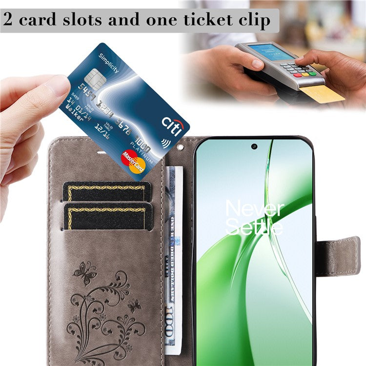 KT Imprinting Flower Series-2 For OnePlus Nord CE4 5G Case Leather Cover with Wallet Stand - Grey