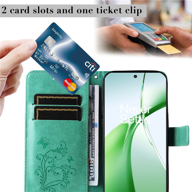 KT Imprinting Flower Series-2 For OnePlus Nord CE4 5G Case Leather Cover with Wallet Stand - Green