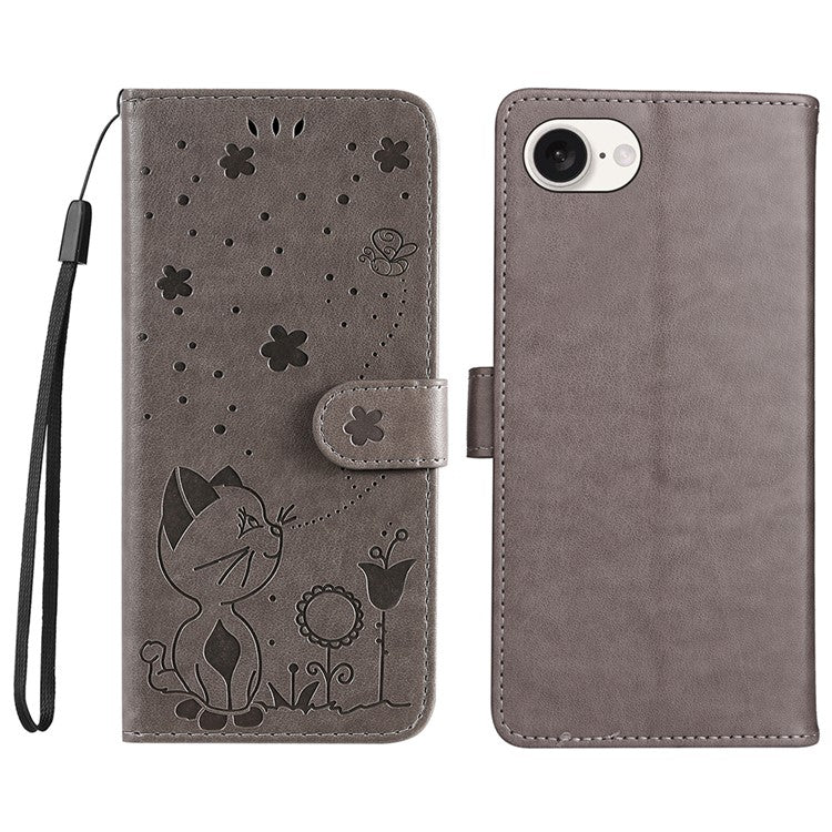 For iPhone 16e Case Cat Bee Imprinted Leather Wallet Cover - Grey
