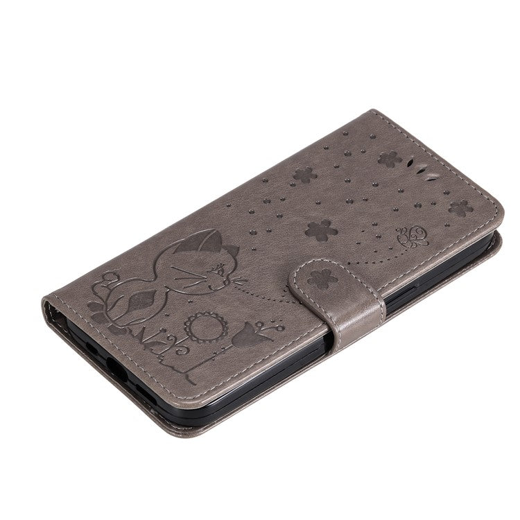 For iPhone 16e Case Cat Bee Imprinted Leather Wallet Cover - Grey