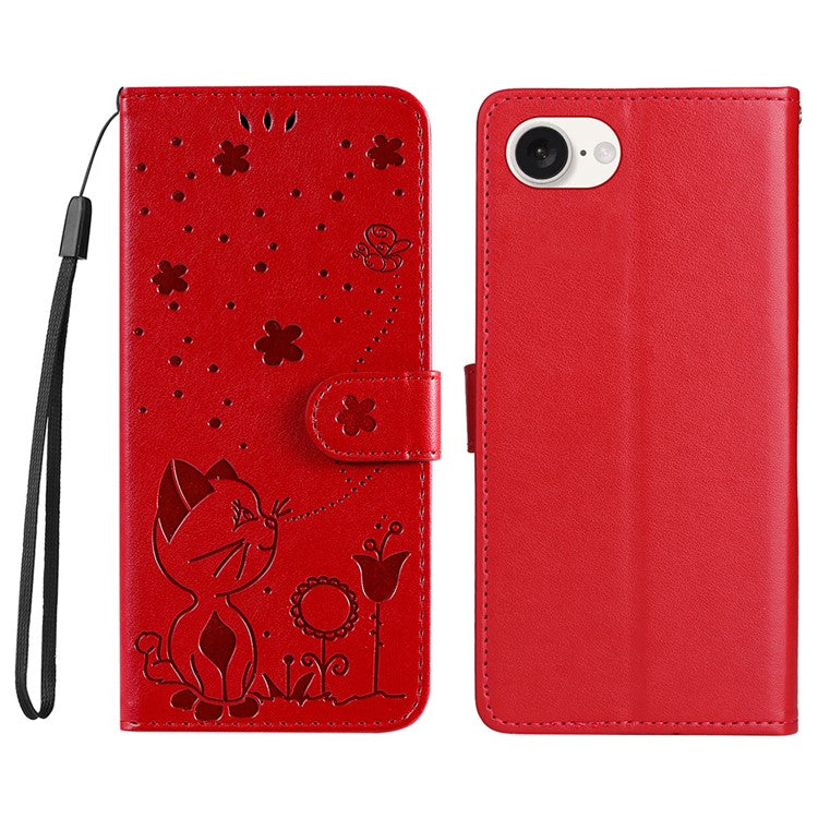 For iPhone 16e Case Cat Bee Imprinted Leather Wallet Cover - Red