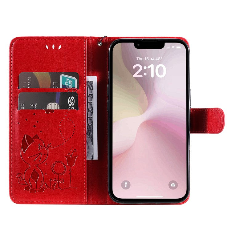 For iPhone 16e Case Cat Bee Imprinted Leather Wallet Cover - Red