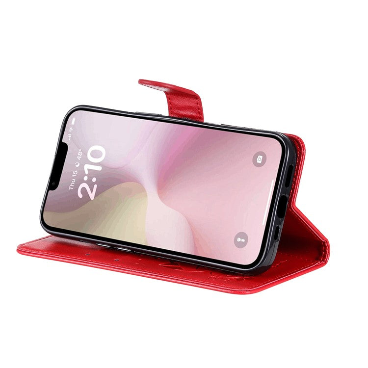 For iPhone 16e Case Cat Bee Imprinted Leather Wallet Cover - Red