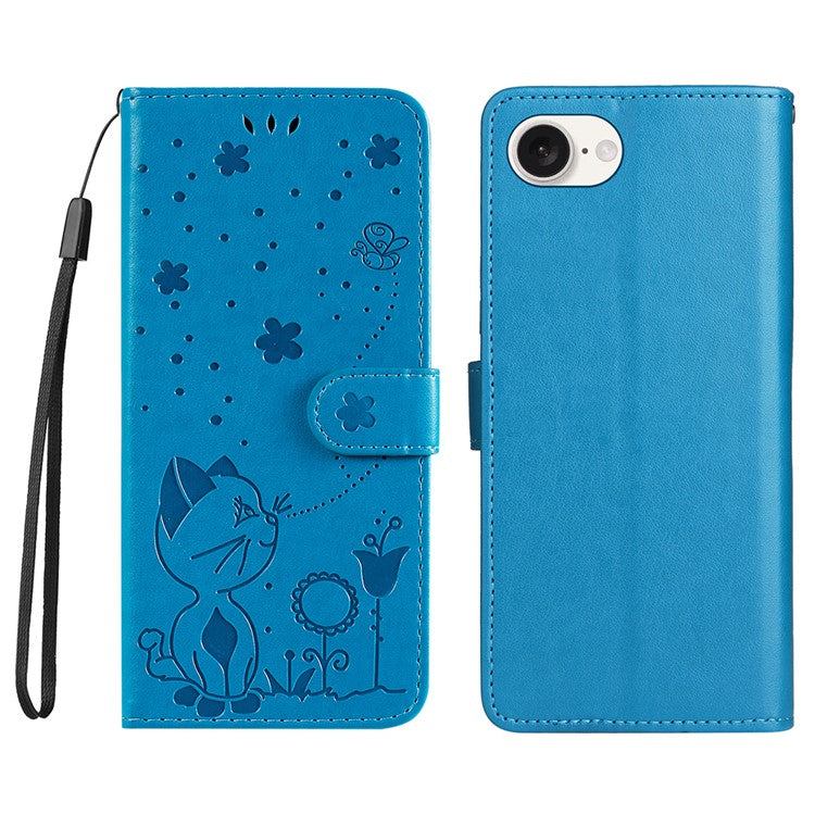 For iPhone 16e Case Cat Bee Imprinted Leather Wallet Cover - Blue