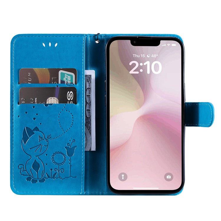 For iPhone 16e Case Cat Bee Imprinted Leather Wallet Cover - Blue