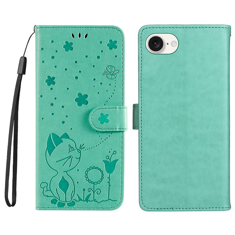 For iPhone 16e Case Cat Bee Imprinted Leather Wallet Cover - Green