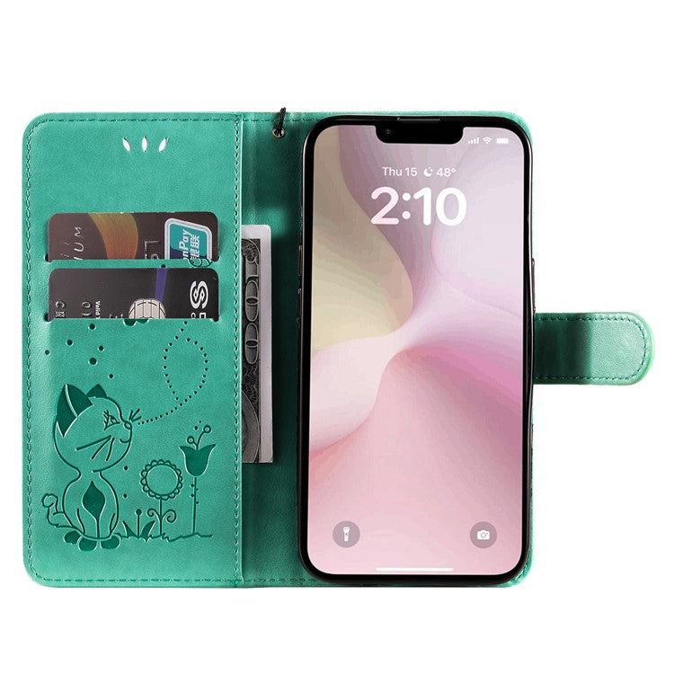 For iPhone 16e Case Cat Bee Imprinted Leather Wallet Cover - Green