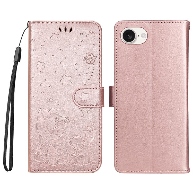 For iPhone 16e Case Cat Bee Imprinted Leather Wallet Cover - Rose Gold