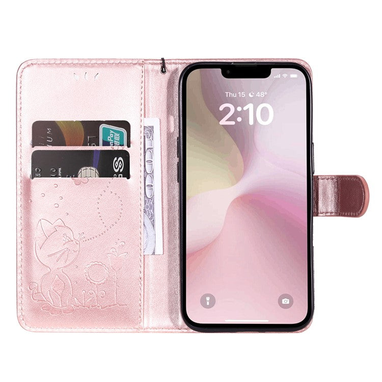 For iPhone 16e Case Cat Bee Imprinted Leather Wallet Cover - Rose Gold