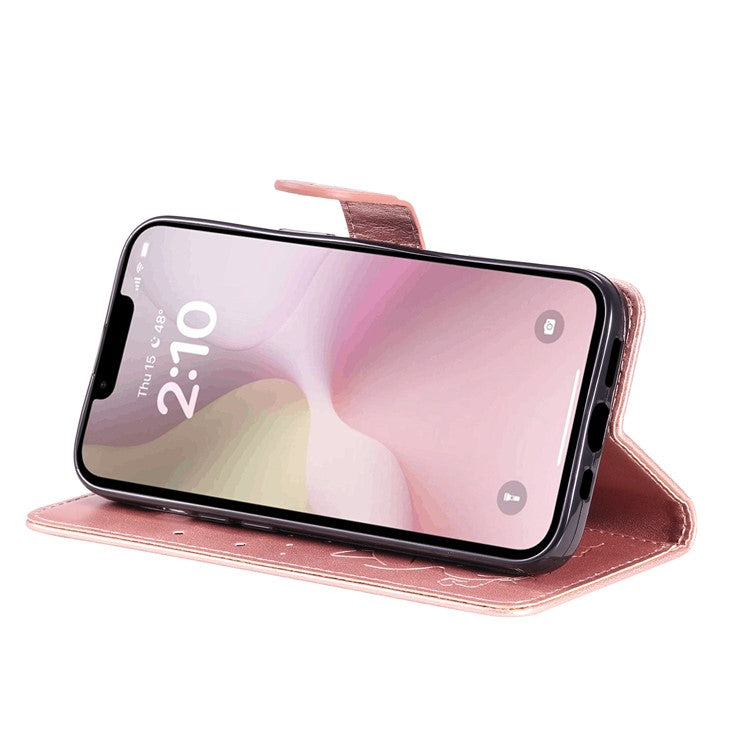 For iPhone 16e Case Cat Bee Imprinted Leather Wallet Cover - Rose Gold
